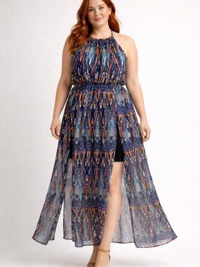 The Magic of Stevie & Lindsay Boho Maxi Dress | Halter Sheer Overlay with Slit